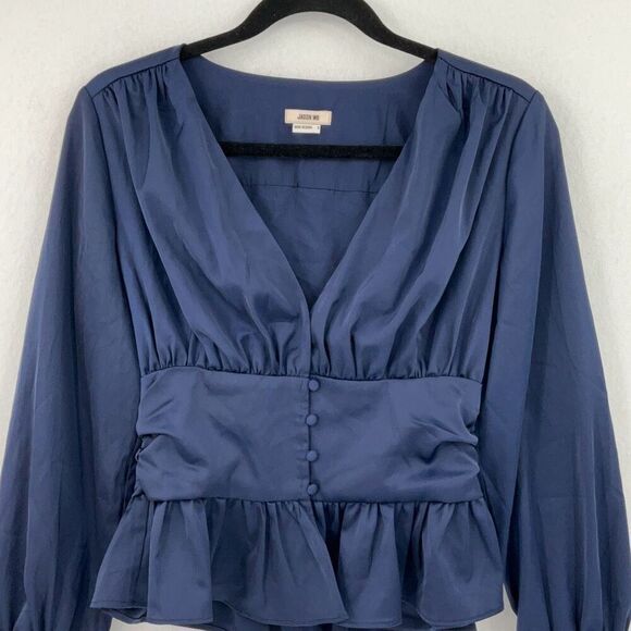 Jason Wu Navy Blue Satin Ruffled Peplum Button Pullover Blouse Size Small - Picture 6 of 9